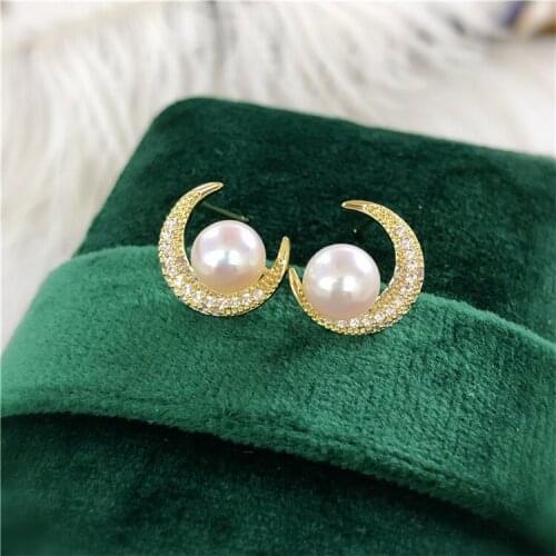 Wholesale Gold Plated Moon Shape Stud Earrings Mountings Findings Jewelry Settings Parts for Pearls Beads Stones, 10pairs/lot