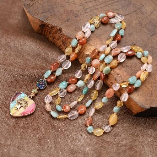 Life Tree Charm Chakra Heart Pendant Necklace Amazonite Natural Stones handmade Knotted Beaded