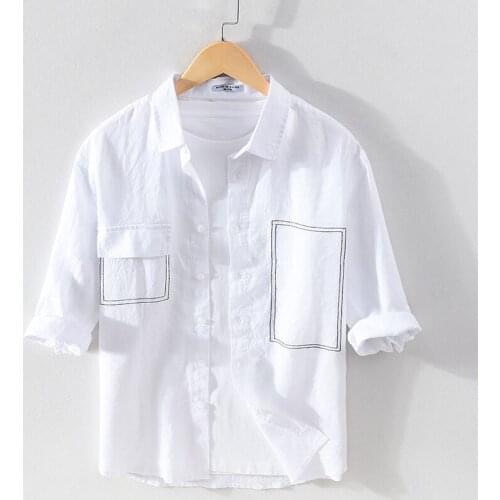 100% Pure Linen Three Quarter Shirt for Men Summer New Casual White Black Tops Male Embroidery Button Up Shirt Retro Clothes
