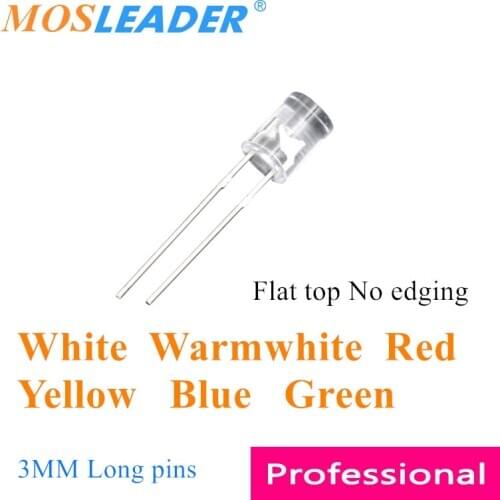 Mosleader 1000pcs 3MM Flat top LED No edging White Warmwhite Red Yellow Blue Green F3 Long pins Transparent Top flat Noframe LED