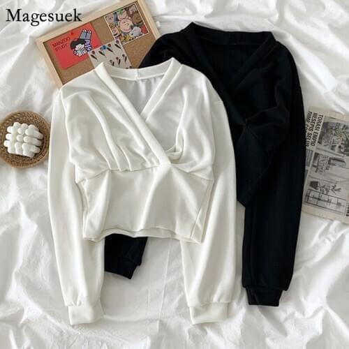 New Autumn Winter Loose Sweatshirt Women Solid Casual Women Weatshirt Long Sleeve V-Neck Pullover Vintage Sweatshirt Tops 11770