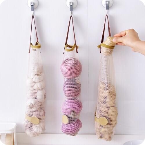 Storage of Fruits Vegetables Hanging Hollow Breathable Mesh Bag Portable Handle Garlic Onion Bag in the kitchen Storage bag box