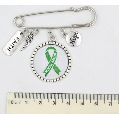 10PCS Wholesale Green Ribbon Brooch Pin Faith Hope Mental Health Cancer Awareness Pin Brooch Safety Pins for Women Men