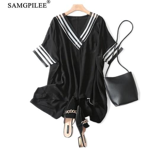 Women Clothing 2021 New Casual Femme T-shirts Chiffon Short Sleeve T-shirty Damskie Long Striped V-neck Summer Women T-shirt 4XL