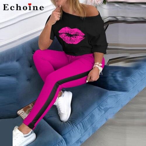 Women Two Piece Set Lip Printed Half-Sleeve Loose T-Shirt O-Neck Sports Suit Casual Homewear Fitness Long Pants Female Tracksuit