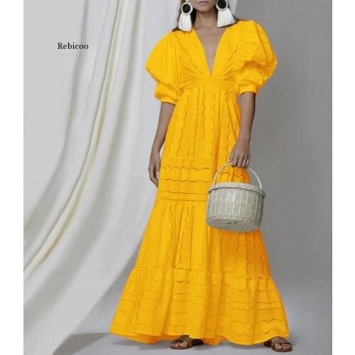 Women Dress Elegant White Lace Dresses Deep V Neck Puff Sleeve Vintage Dress High Waisted Hollow Out Maxi Dresses