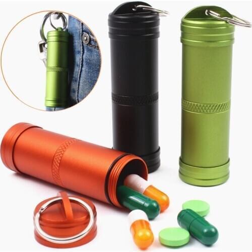 1PC Portable Aluminum Survival Waterproof Pill Box Container Medicine Storage Case First-Aid Bottle With Key Ring Travel Kits