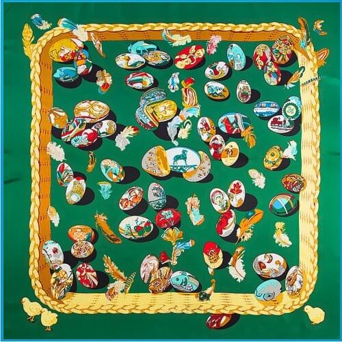 POBING 100% Silk Scarf Women Large Shawls Eggs Print Stoles Square Scarves Bandana Big Kerchief Scarf Female Foulards 130CM