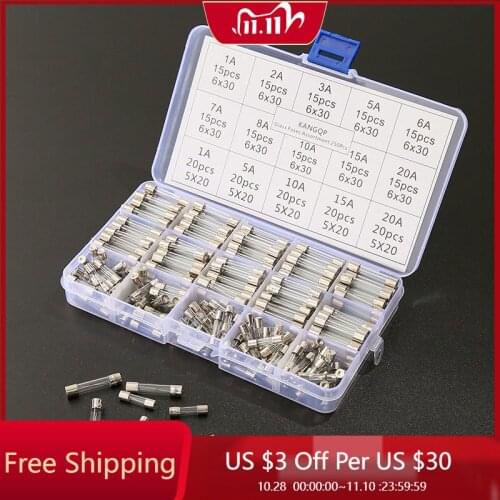 250Pcs 5x20mm 6X30MM 0-250V General Fuse Quick Blow Glass Tube Fuse Assorted Kits Fast-blow Glass Fuses 1/2/3/5/6/7/8/10/15/20A