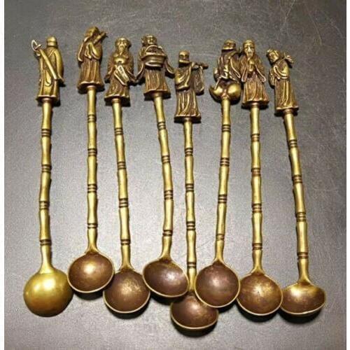 8pcs Exquisite Chinese Old Brass Handmade Carved eight immortals Small spoon