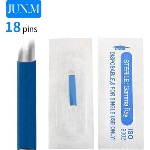 Free shipping 100Pcs Permanent Makeup Manual Needle Blade Embroidery/3D Eyebrow Tattoo Products 18 Needles Sharped Blue Case C0