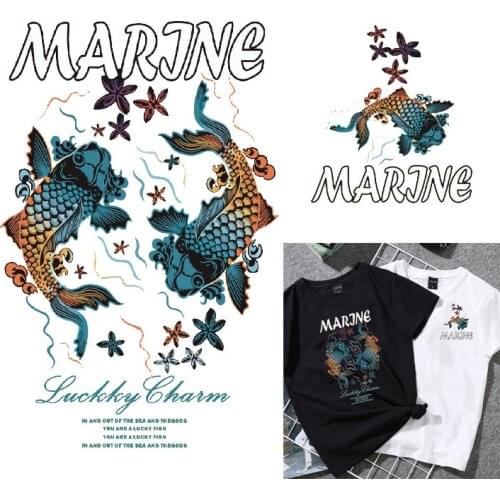 Large Patch Japanese Cartoon Fish iron on stickers patches for clothing heat transfer t-shirt jean applique ropa big size