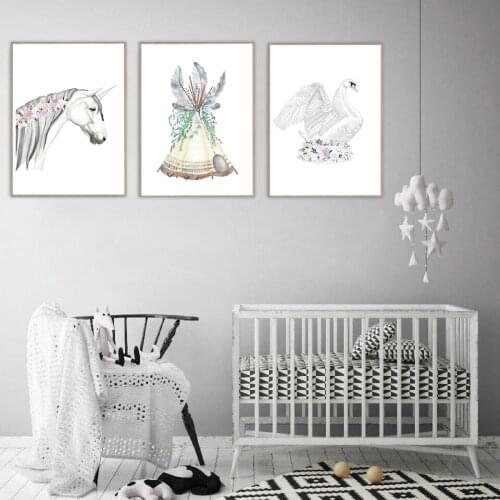 Baby Unicorn Wall Art CanvasTeepee Swan Animal Nursery Posters and Prints Painting Decorative Picture Nordic Kids Decoration