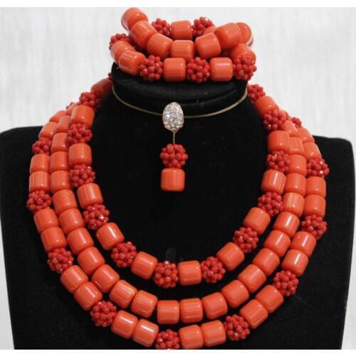 Dudo African Artificial Coral and Crystal Bead Balls Fashion Designer Necklace Set With Bracelet and Earrings 3 Layers Dubai Set