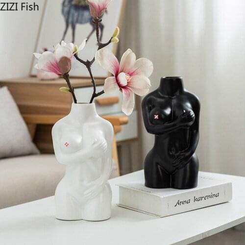 European Abstract Black and White Human Body Ceramic Vase Art Model Nude Female Flower Vase Flower Arrangement Living Room Decor