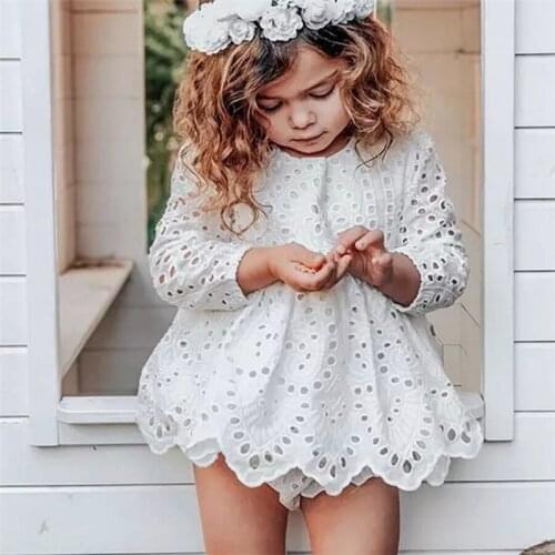 Newborn Baby Girl Kid Clothes Solid Long Sleeve Lace Hollow Out Dress +Shorts Autumn 2pcs Outfit Set 0-24M