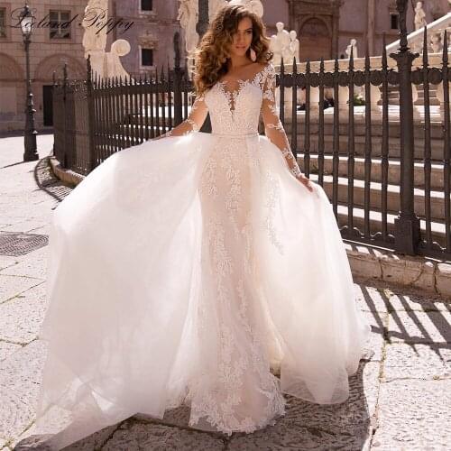 Lceland Poppy 2 in 1 Mermaid Lace Wedding Dresses 2021 Long Sleeves Vestido de Novia Bridal Gowns with Detachable Train