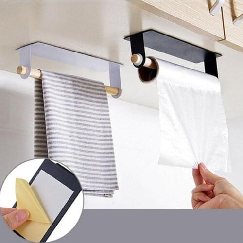 Kitchen Non-perforated Self-adhesive Roll Paper Toilet Paper Holder Towel Wooden Storage Rack Hanging Nail-free Cabinet Rack