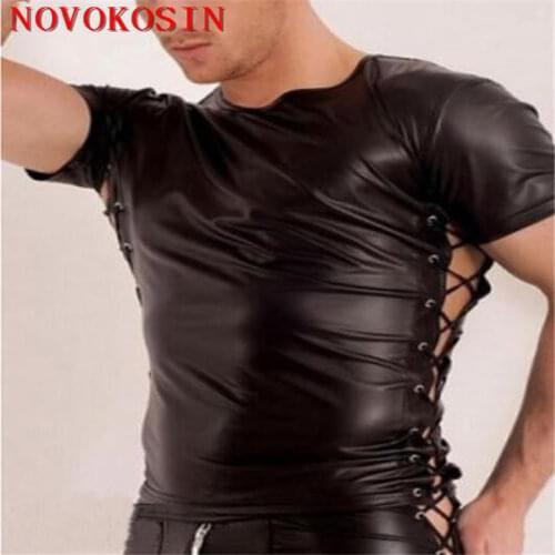 XX73 Summer Style 2017 Fashion Black Faux Leather Men Behind Lace Up Sexy Lingerie Fitness Tops Tees T Shirts