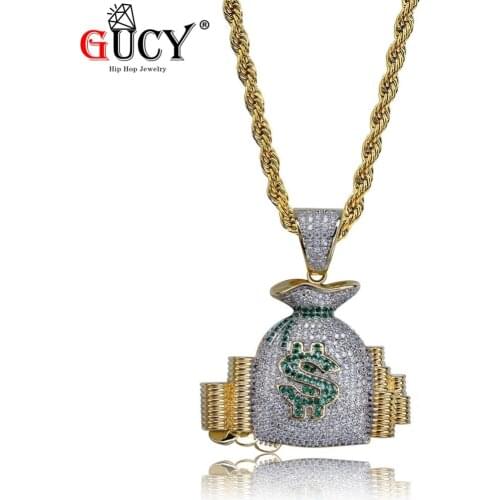 GUCY Hip Hop Money Bag Stack Cash Coins Pendant Necklace All Iced Out Copper Gold Color Micro Pave CZ Mens Charm Jewelry Gift