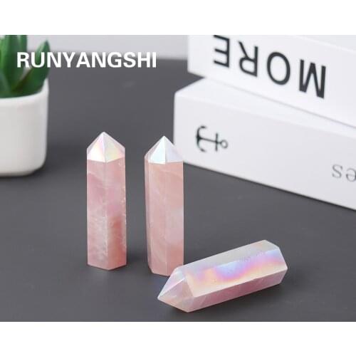 Natural Pink Crystal Rose Quartz Electroplating rainbow Wand Point Healing Stones for Aquarium Crafts Making Ornaments