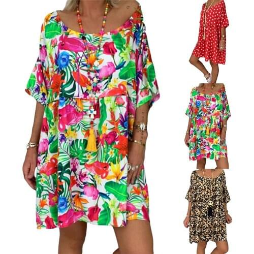 New Plus Size Women Fashion Floral Print O Neck Elbow Sleeve Summer Loose Mini Dress