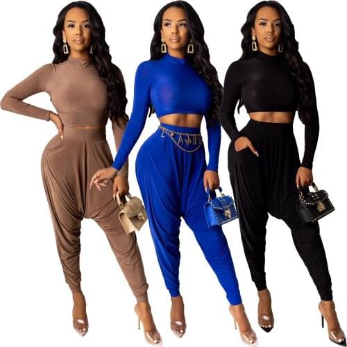 Autumn Tracksuit Long Sleeve 2 Piece Set Women Turtleneck Crop Tops And Loose Pants Casual Matching Set Outfit Female Clothes