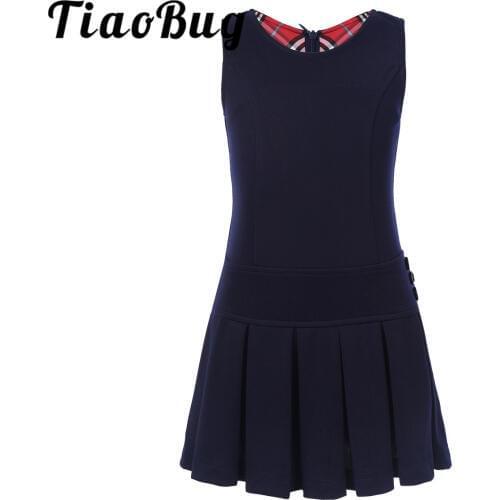 Flower Girls Dress Kid Girls Sleeveless Pleated Hem Dress Jumper with Decorated Buttons for Birthday Party School Formal Clothes