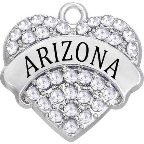 Popular American City Label Jewelry Pendant ARIZONA Rhinestone Inlay Heart Shaped Metal Charm Wholesale