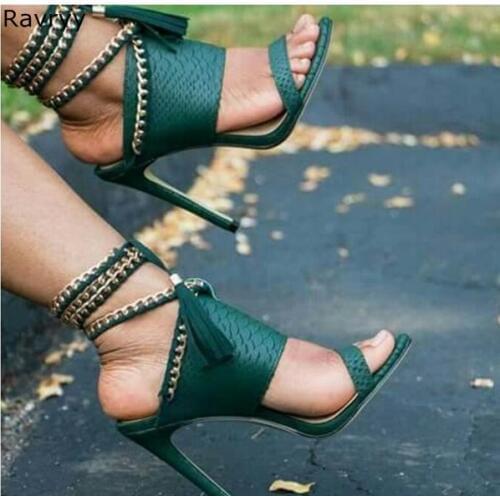 Summer fashion lace up Woman green sandals metal chains decor Sexy Pumps tassel design thin heel female dress shoes