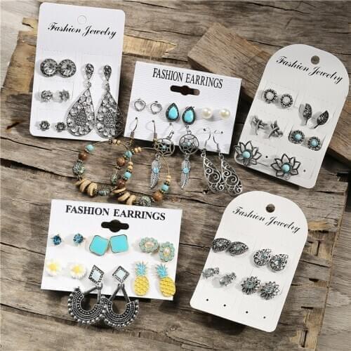 Vintage Ethnic Flower Shell Earrings For Women Bohemian Geometric Bronze Crystal Dangle Drop Earrings Set Jewelry Gift 2020 New