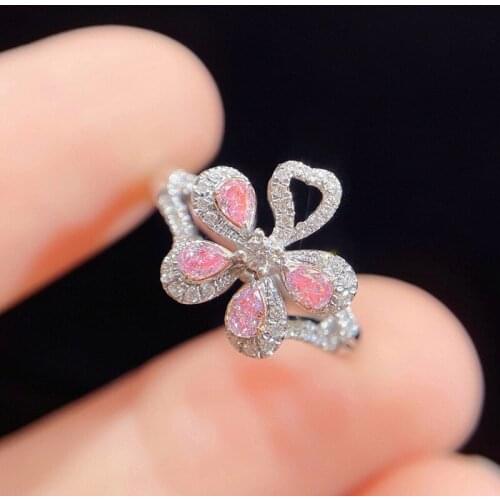 Vintage Silver Color Flower Ring Elegant Pink Zircon Ring Dainty Water Drop Small Stone Opening Rings For Women Wedding Jewelry