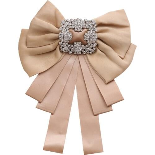 Retro Handmade Big Ribbon Fabric Bow Tie Brooches for Women Fashion Rhinestone Shirt Corsage Neck Tie Collar Pins Accessories