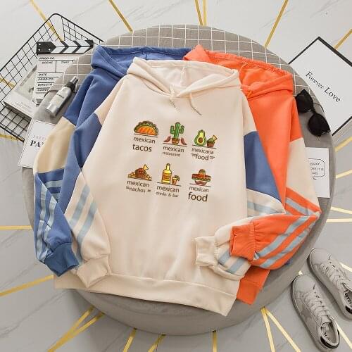 Winter Patchwork Long Sleeves Hoodie Womens Avocado Cartoon Printed Hoody Sweatshirt Loose Korean Style Drawstring Streetwear