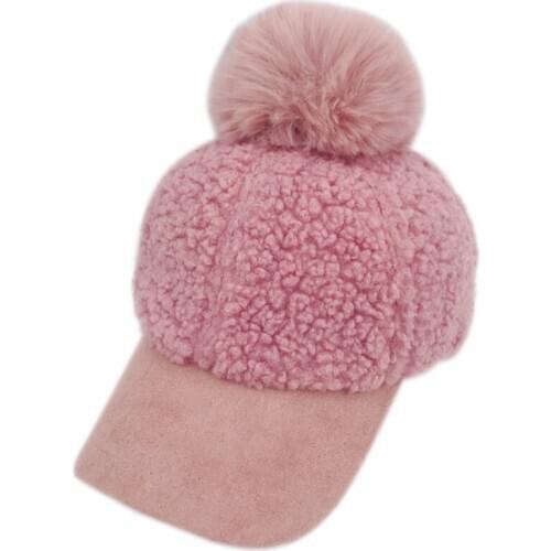 Women Winter Faux Fleece Baseball Peak Cap Fuzzy Warm Solid Color Cute Pompom Hip Hop Sunscreen Visor Brim Beanie Hat