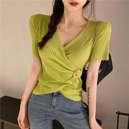 Woman TShirts Crop Top T-shirt Womens Short-Sleeved Summer V-neck Knitted High Waist Top Mujer Camisetas