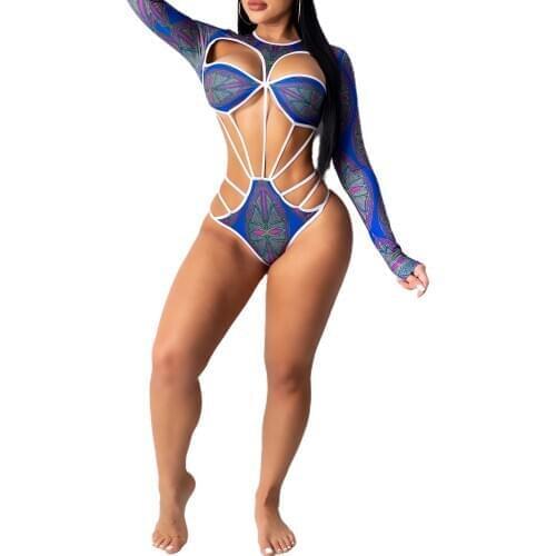 Women Sexy One-piece Swimsuit Adults Hollow Out Printed Long Sleeve Round Neck Swimwear