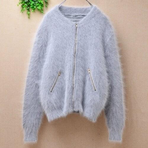 Ladies women fashion short style cropped mink cashmere knitted slim cardigans angora rabbit hair winter jacket coat sweater top