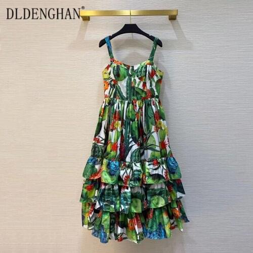 DLDENGHAN Fashion Cactus Floral Print Midi Dress Womens Spaghetti strap Backless Cascading Ruffle Vacation Dresses Summer New