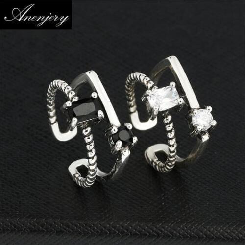 ANENJERY 925 Sterling Silver Vintage Fashion Double Rows Gem Zircon anel Punk Opening Thai Silver Rings For Women S-R71
