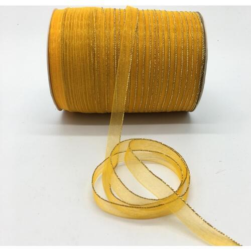 10yds/lot 3/8" 10mm Light yellow Glitter Golden Rimmed Organza Ribbon Bow Hair Wedding Decoration Lace Crafts