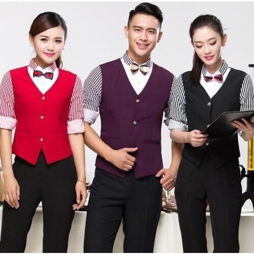 2017 Fall/Winter New Long Sleeve Work Clothes Western Hotel Fake Shirt and Vest 1pcs Catering Shop Striped Uniform Beer Bar Top