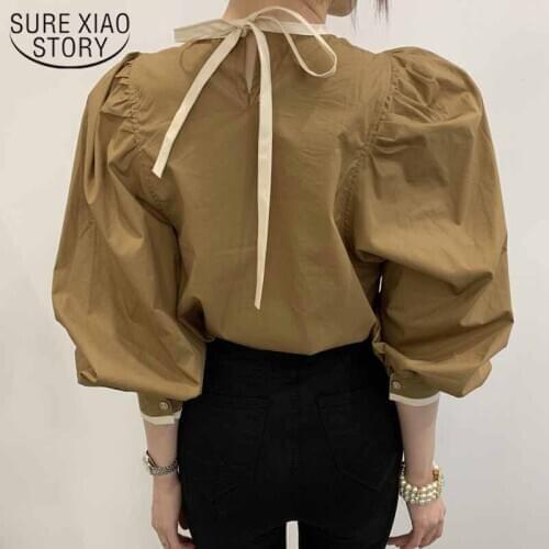 2021 Spring New Loose Blouse Women Ruffled O-neck Ladies Solid Shirt Lantern Sleeve Lace Tie Ruched Tops Chic Blusas Mujer 12784