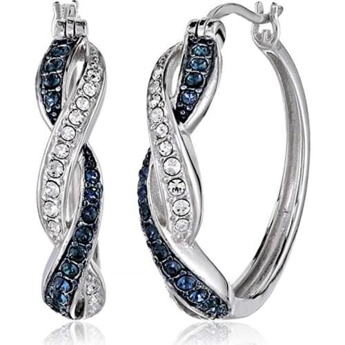 Dainty Female Blue White Crystal Jewelry Classic Silver Color Wedding Earrings For Women Vintage Bride Round Hoop Earrings