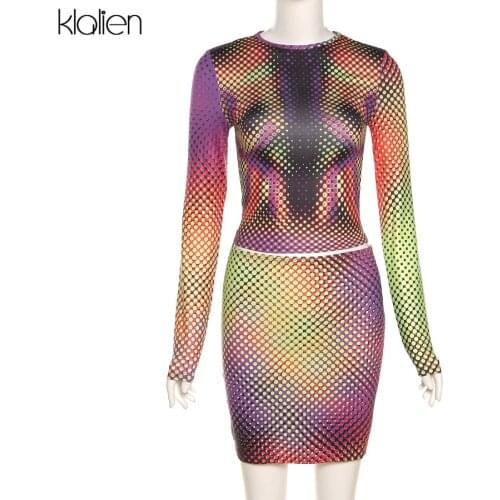 KLALIEN Women Fashion Casual Print Long Sleeve Slim Top and Mini Skirt Two Piece Skirt Set Y2K Autumn New Simple Streetwear Suit