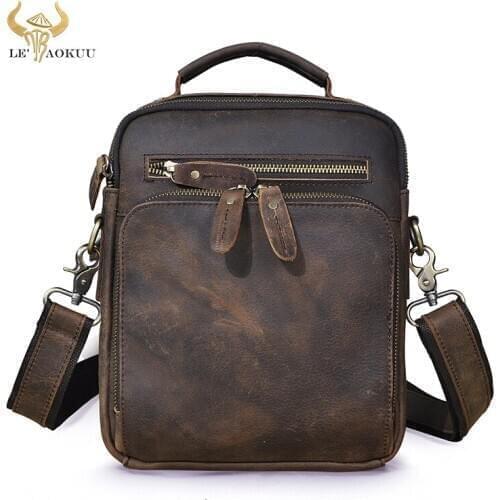 New Crazy Horse Leather Male Vintage Design Messenger bag Travel Fashion Cross-body Bag 10" Tablet Tote Mochila Satchel bag 8059