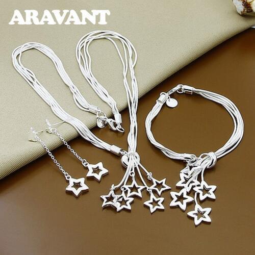 New Fashion 925 Silver Star Long Earring Necklaces Bracelets Jewelry Set For Women