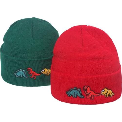 New Fashion Warm Hooded Hat Flower Embroidery Hip Hop Woolen Cap Woman Cute Dinosaur Knitted Hat Man Winter Hat 2022 Gift