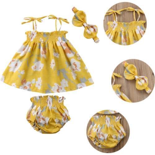 New 0-2T Baby Girl Floral Tops Newborn Yellow Floral Dress+Shorts Pants Girls Sleeveless Clothes 3PCS Set Summer Outfits