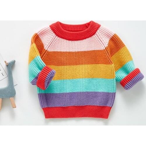 2021 Autumn New Baby Knit Sweater For Girls Long Sleeve Rainbow Sweater Cotton Children Striped Sweater Kids Knitted Tops